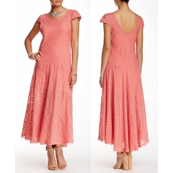 Free People Coral Pink Plaid Maxi Dress Cap Sleeves Flowy Fit Womens S - Picture 1 of 6
